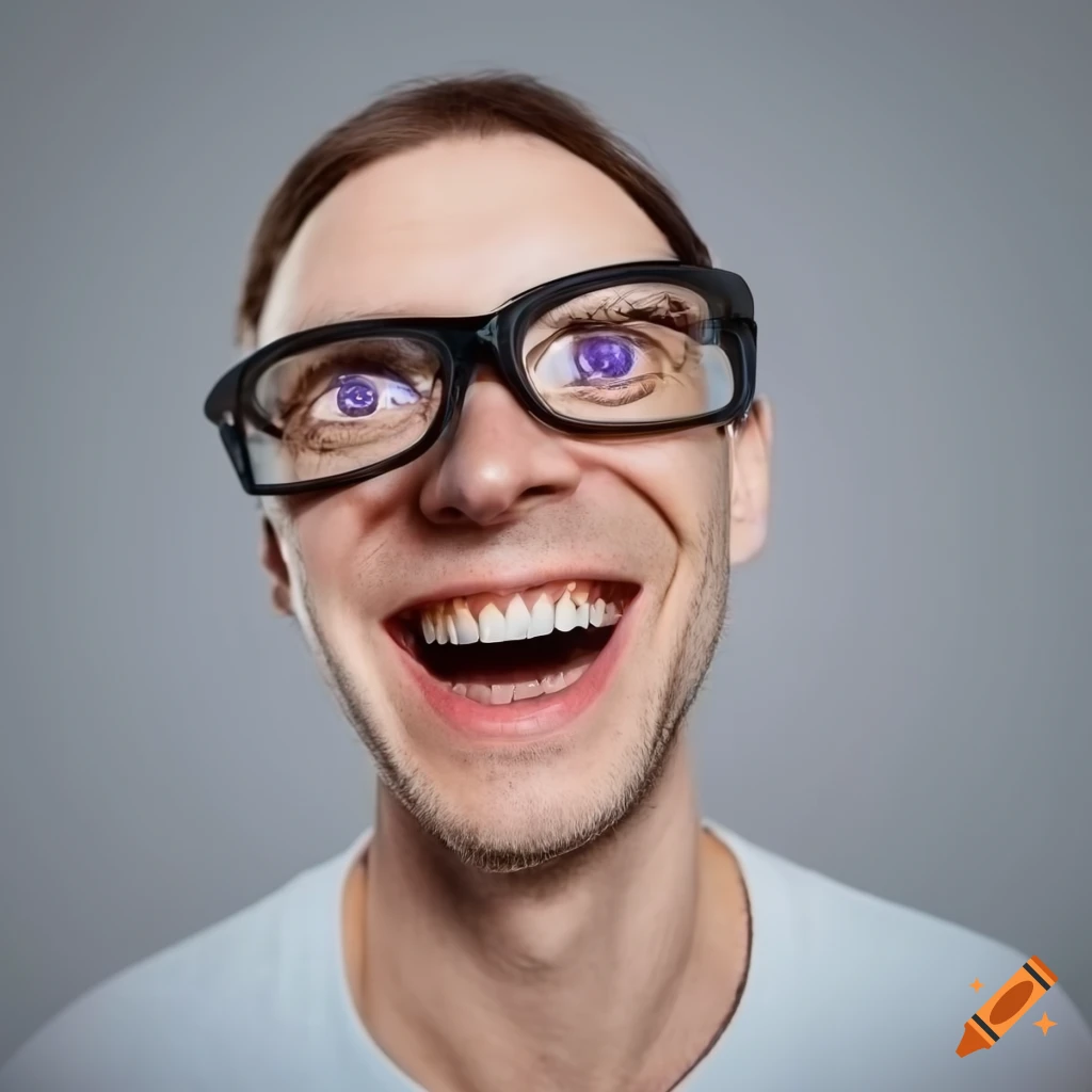 Man smiling with magnifying glasses on a light gray background