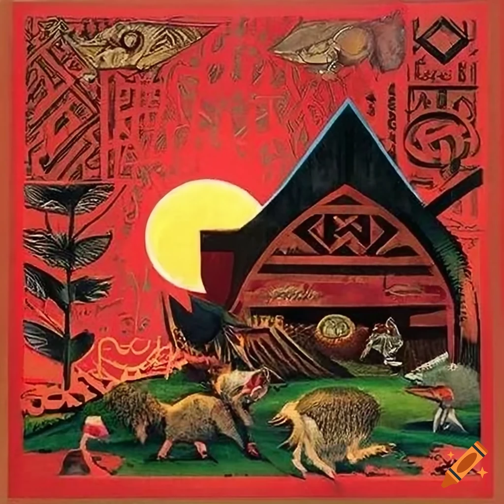 Vintage Soviet farm and wildlife propaganda poster with Norse Runes