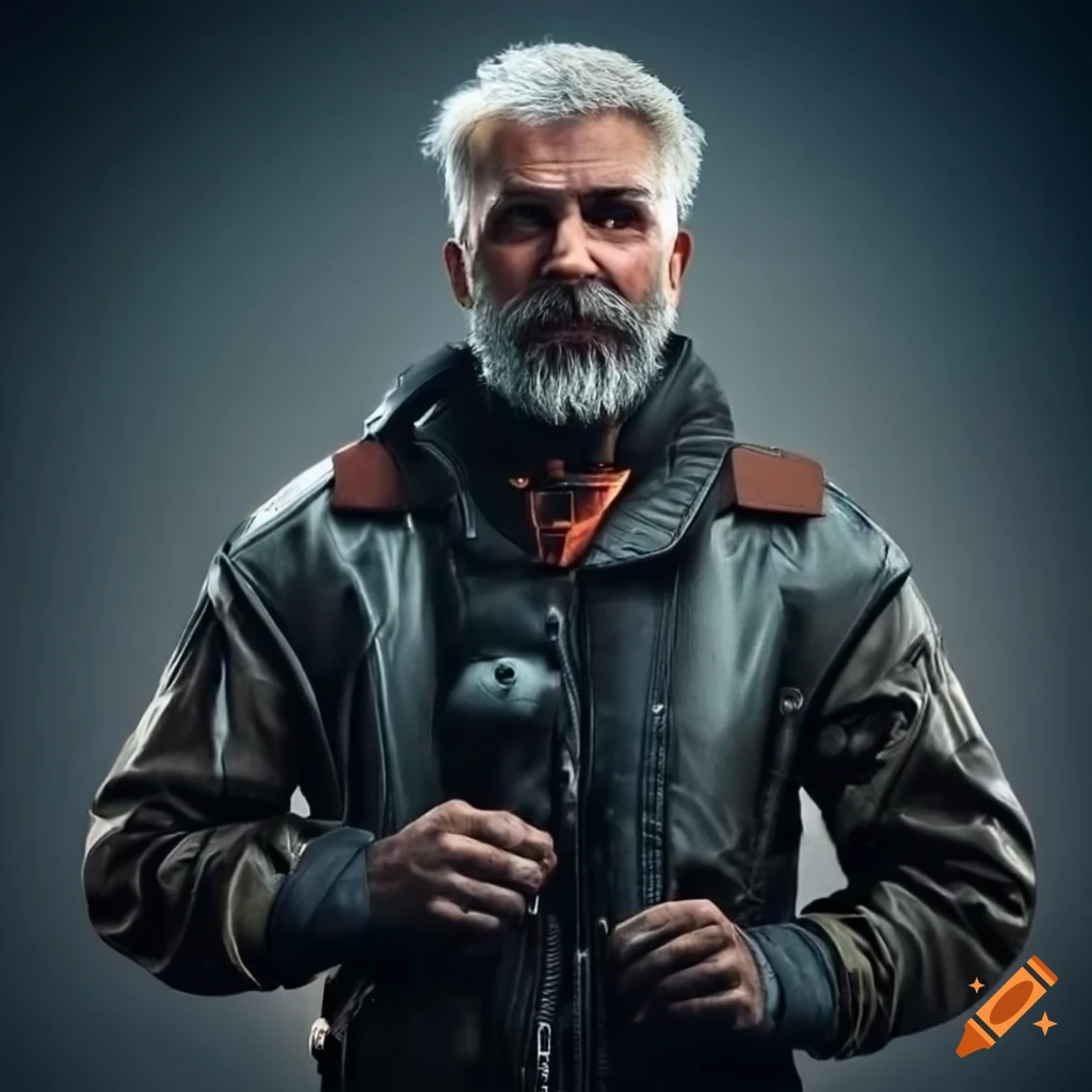 Seasoned pilot in cockpit wearing leather bomber jacket