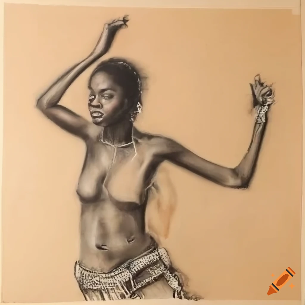 Charcoal drawing of African tribe woman dancing with grace