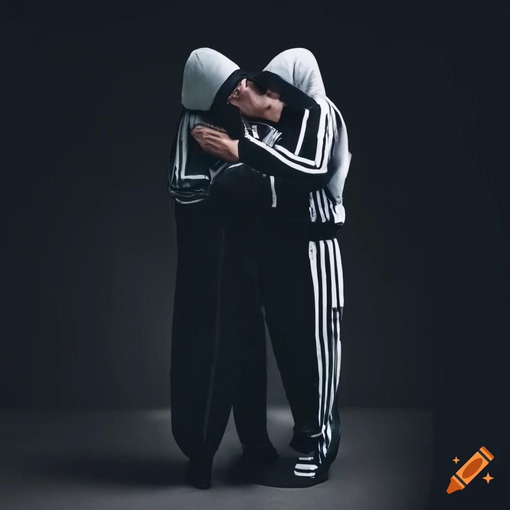 Retrofuturistic eastern european block of flats with two men in adidas tracksuits kissing