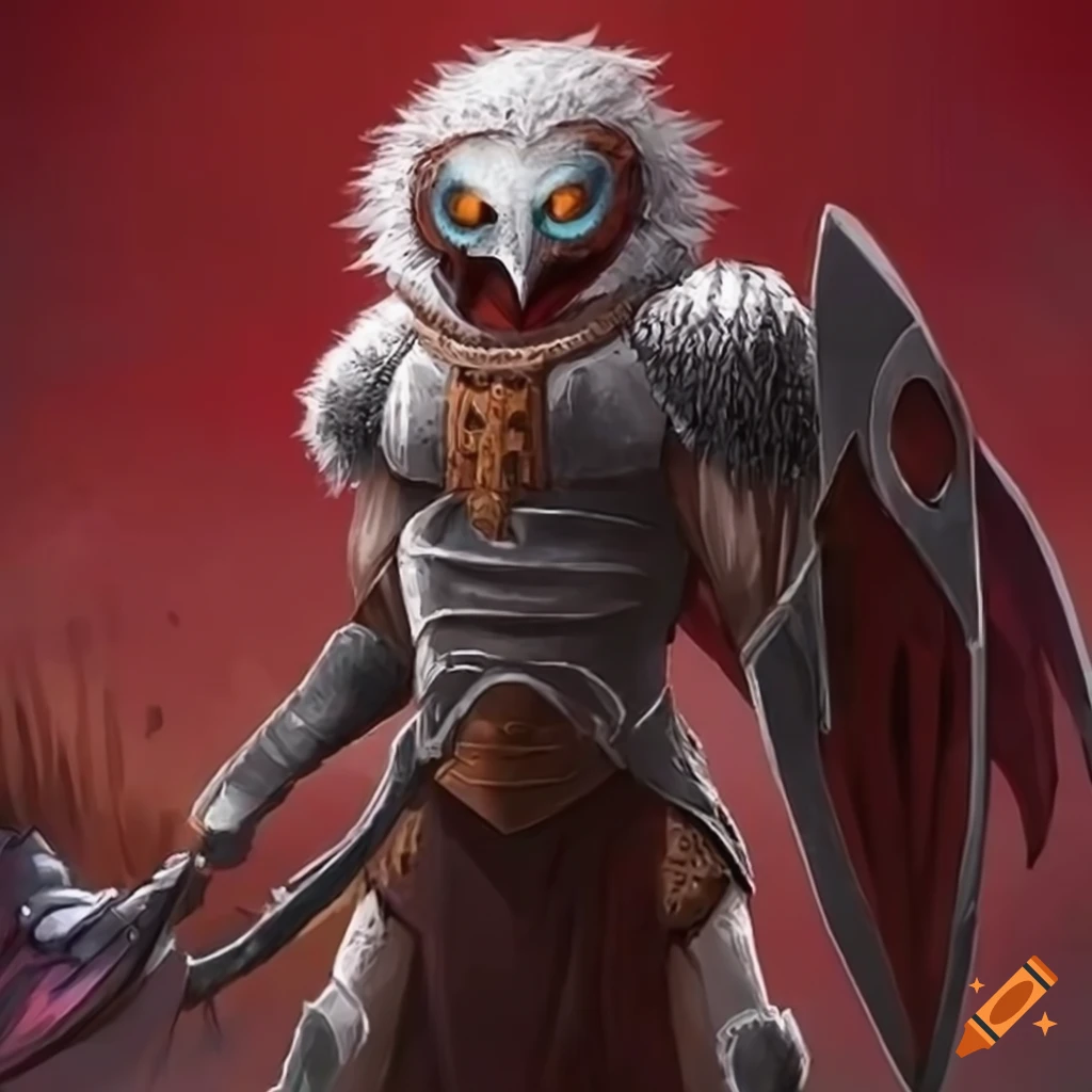 Owl general wearing a silver helmet in battle pose with a crimson cape, Dungeons and Dragons art