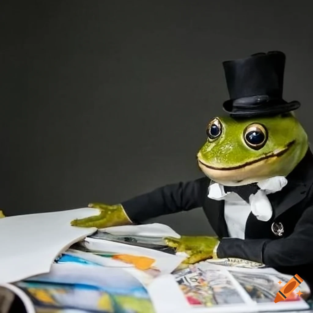 Anthropomorphic frog in tuxedo and hat featured in a magazine
