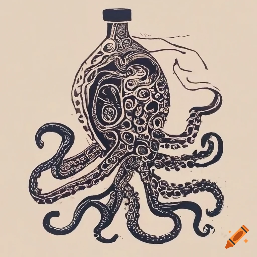 Minoan octopus holding wine bottles in a linocut design