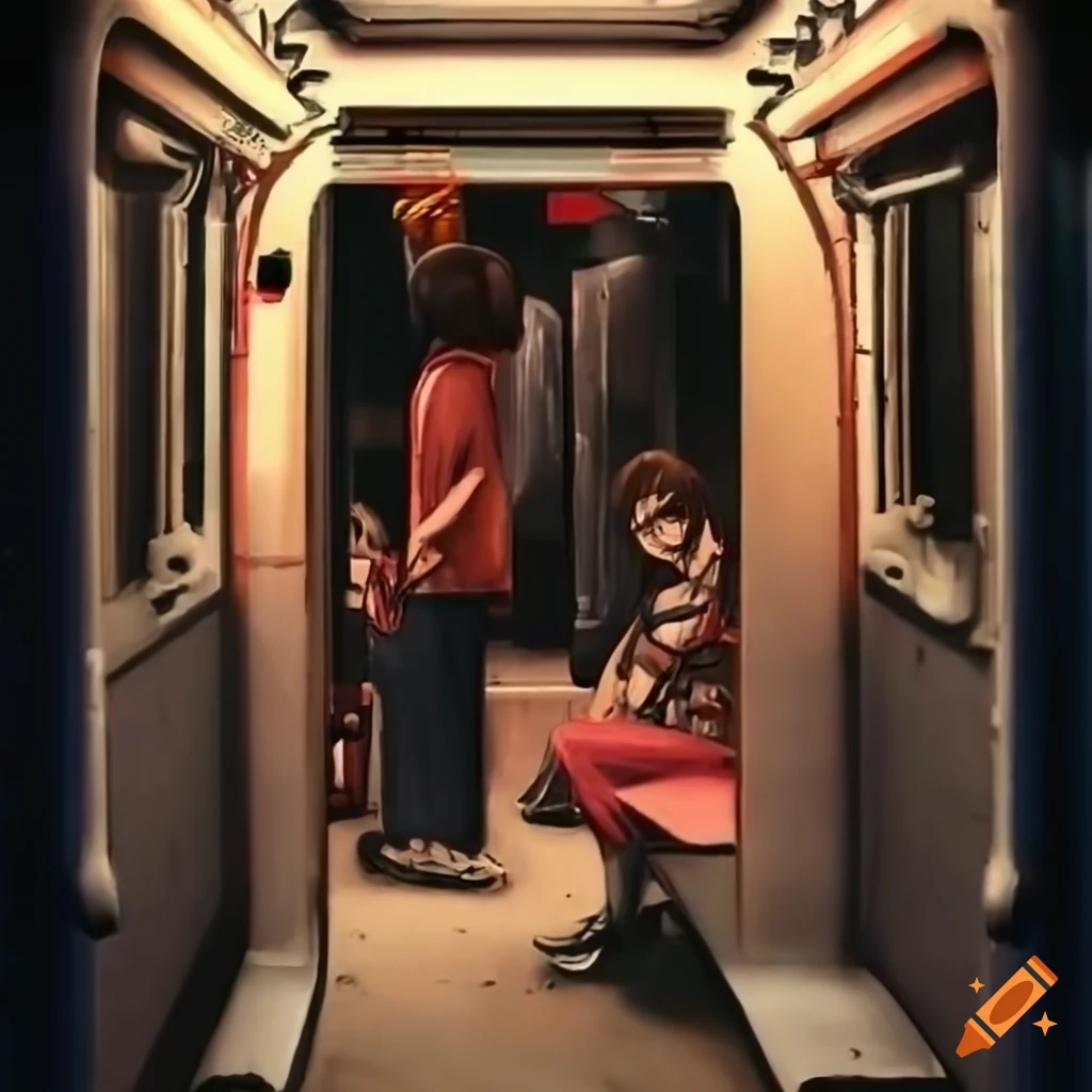 Inner view of a Subway wagon with a few people in graphic novel style