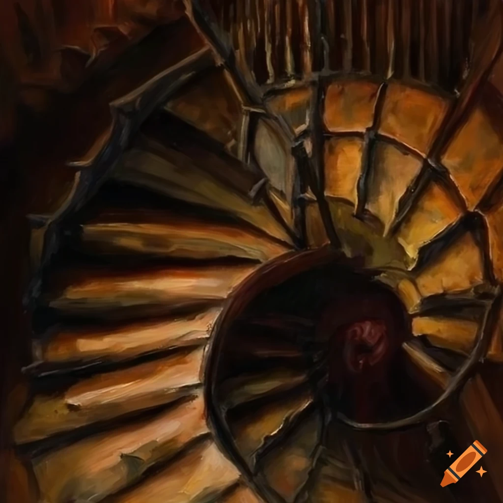 Dark medieval spiral staircase in an oil painting