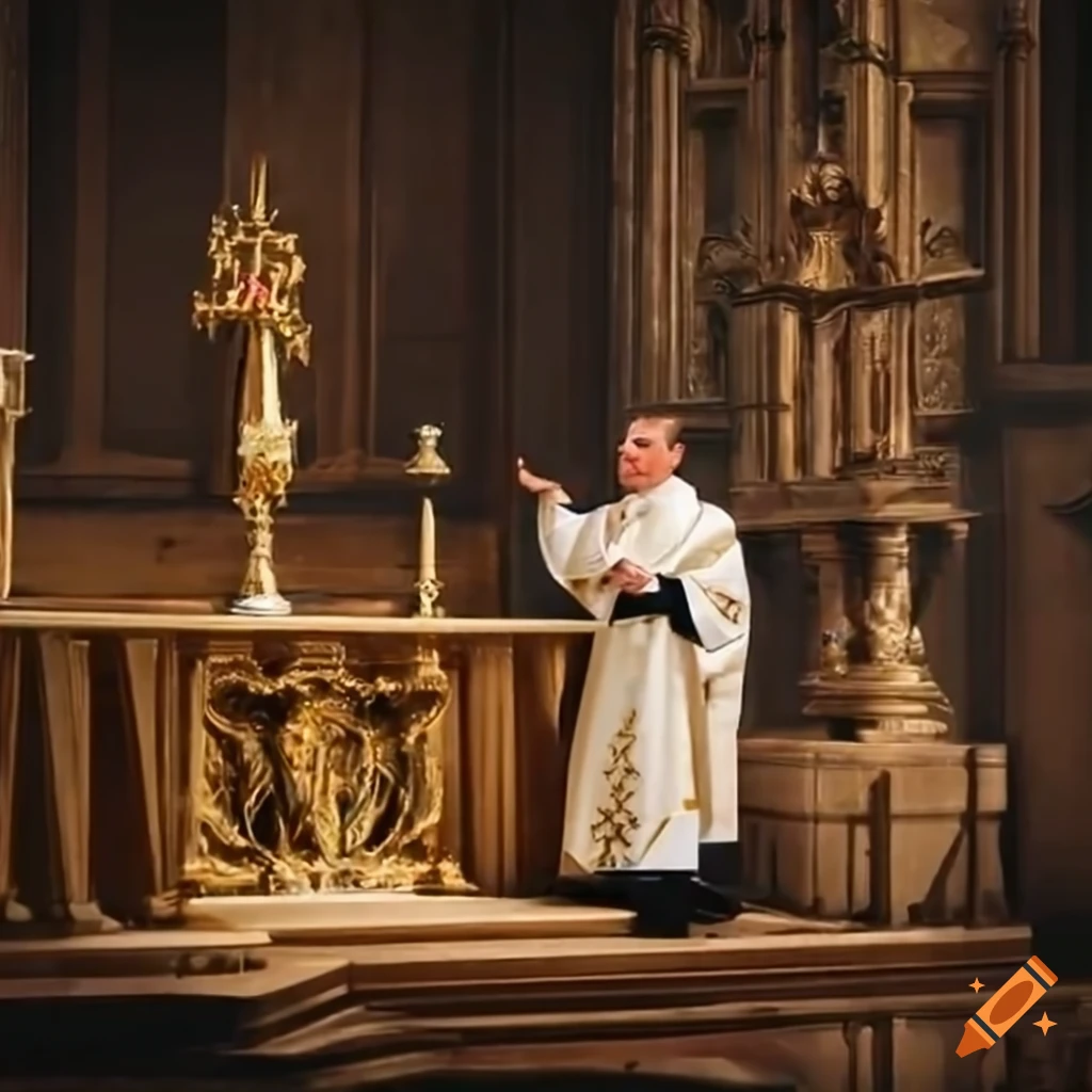 Religious ceremony with priests in traditional robes at Latin Mass