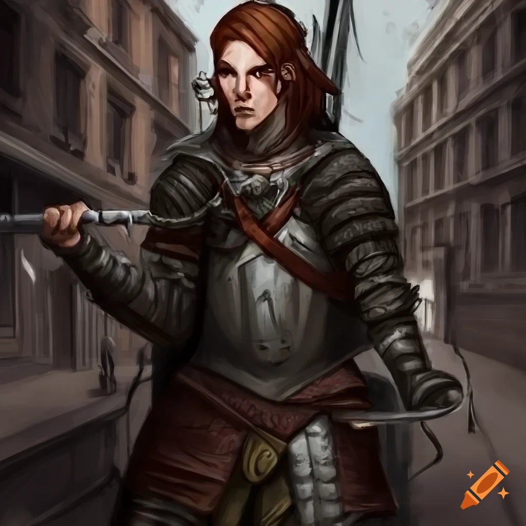 Half elf rogue in black armor with flintlock pistol and rapier in city streets