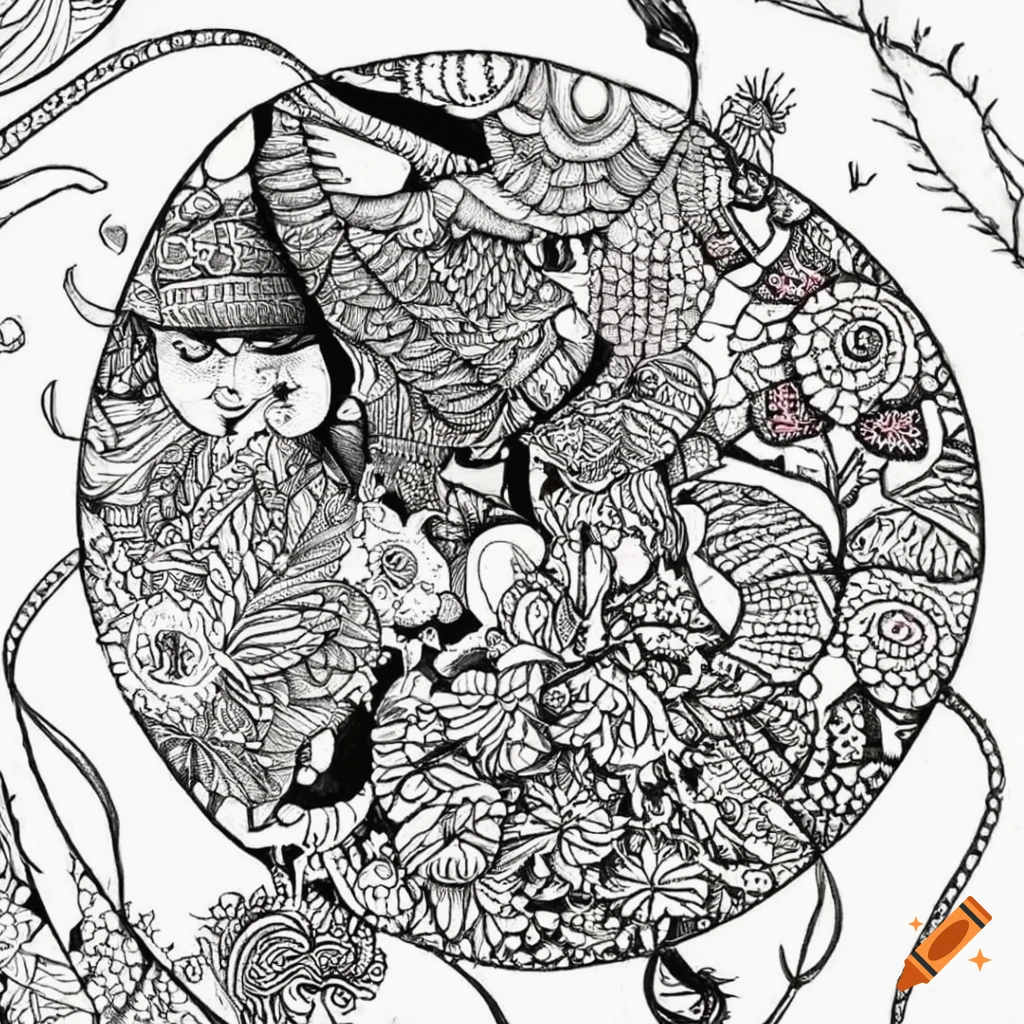 Detailed zentangle art of vibrant tea gardens and farmers at work