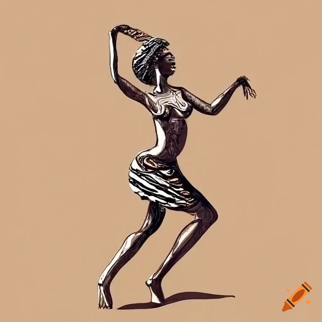 Drawing of a woman from an African tribe dancing on tan paper