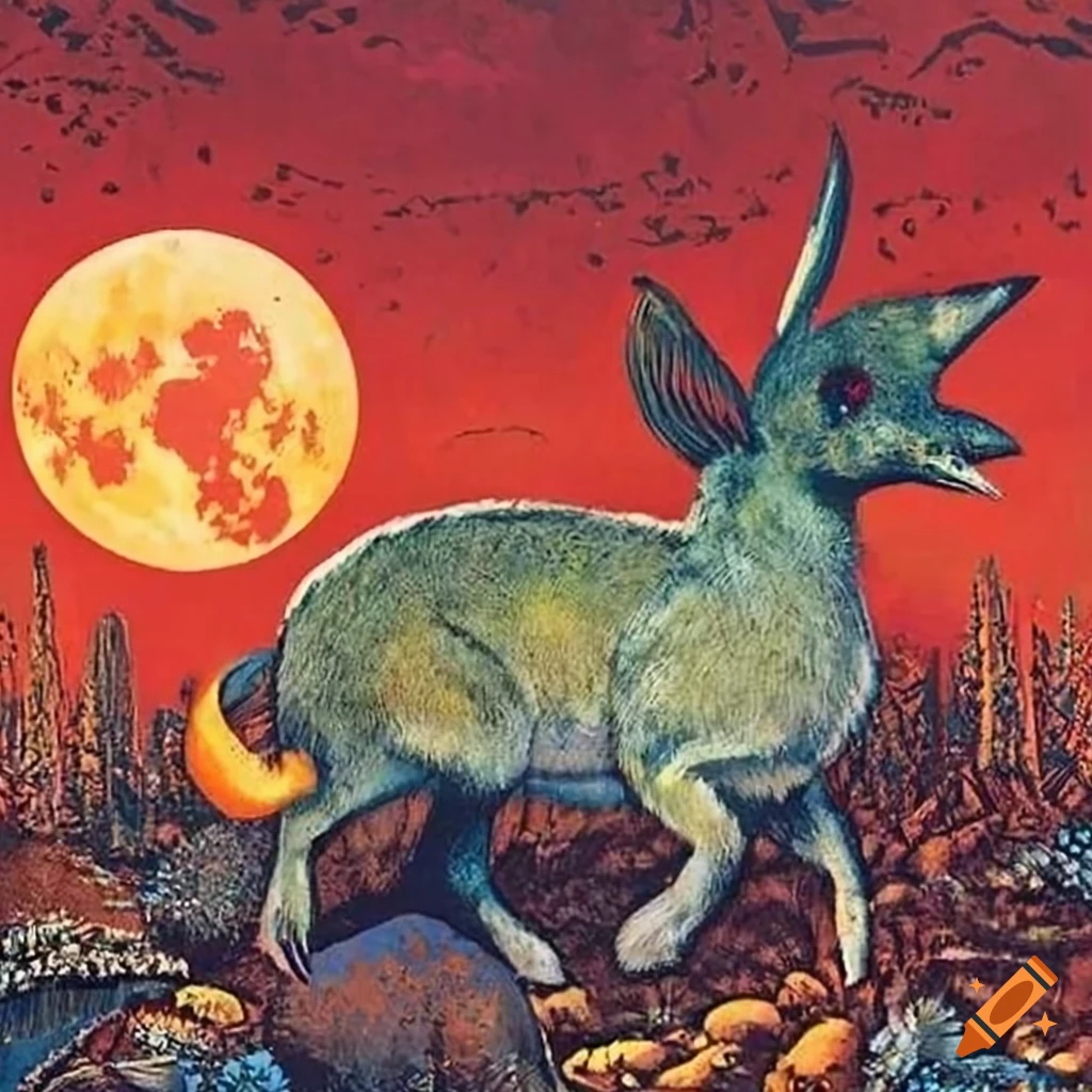 Vintage Soviet farm and wildlife propaganda poster with Moon, Forest, Rabbit, Ravens, and Fox in artistic styles