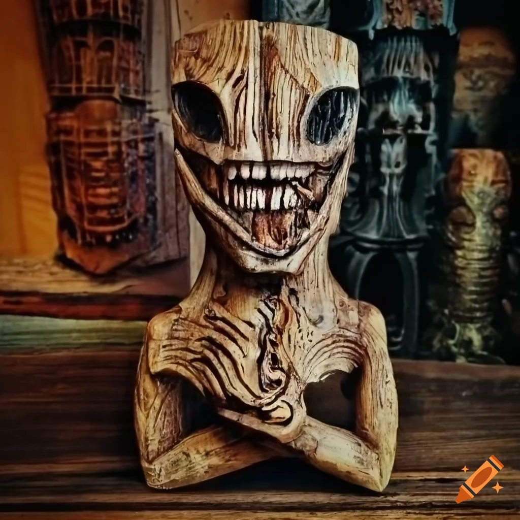 Rustic wooden idol of H. R. Giger's alien creature