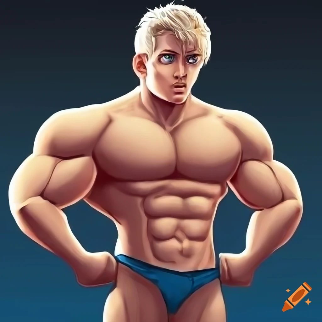Buff muscular blonde boy with blue eyes and bare chest in digital art
