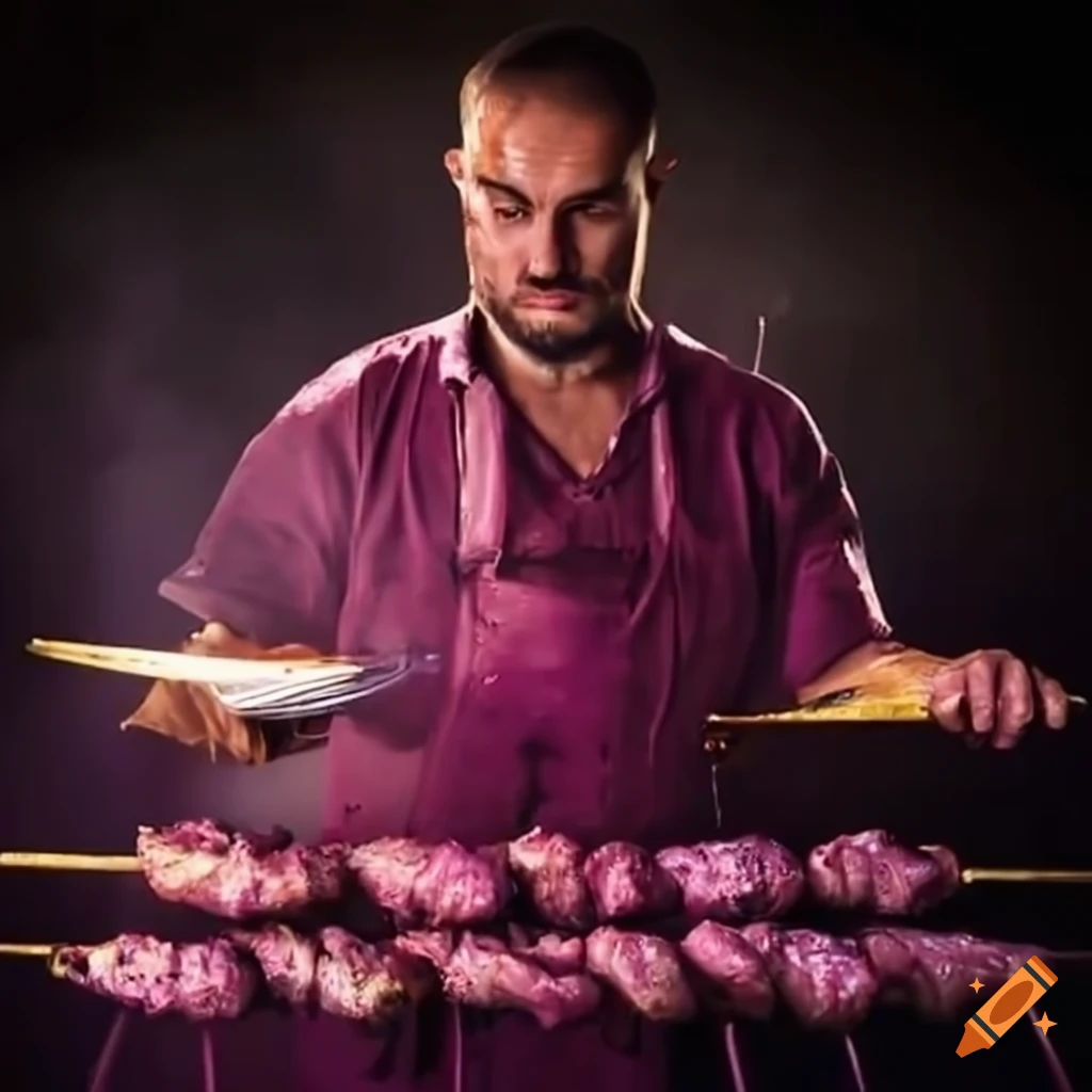 Man grilling a purple shish kebab