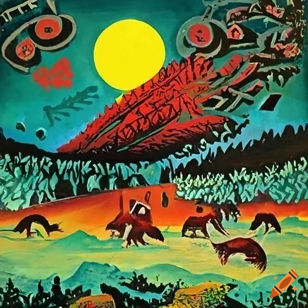 Vintage Soviet farm and forest propaganda poster with Norse Runes in red copper and white gold