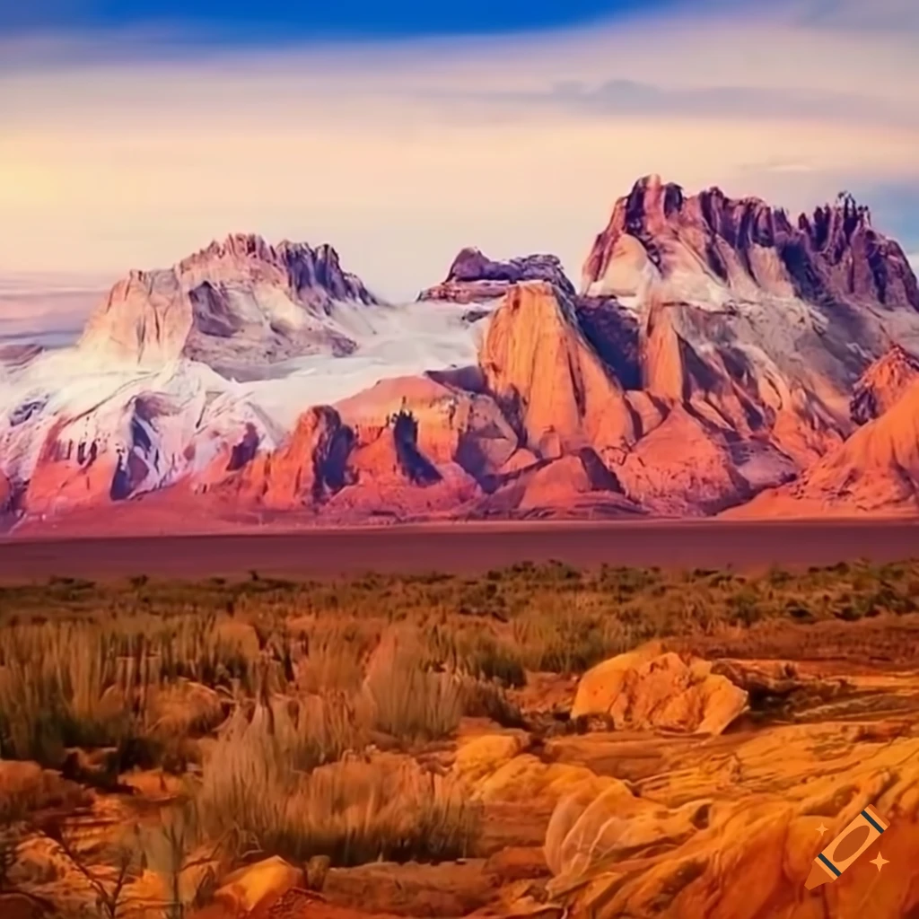 Vibrant desert landscape with mountains, ice formations, dragon, singing cactus, police officer, wild trees