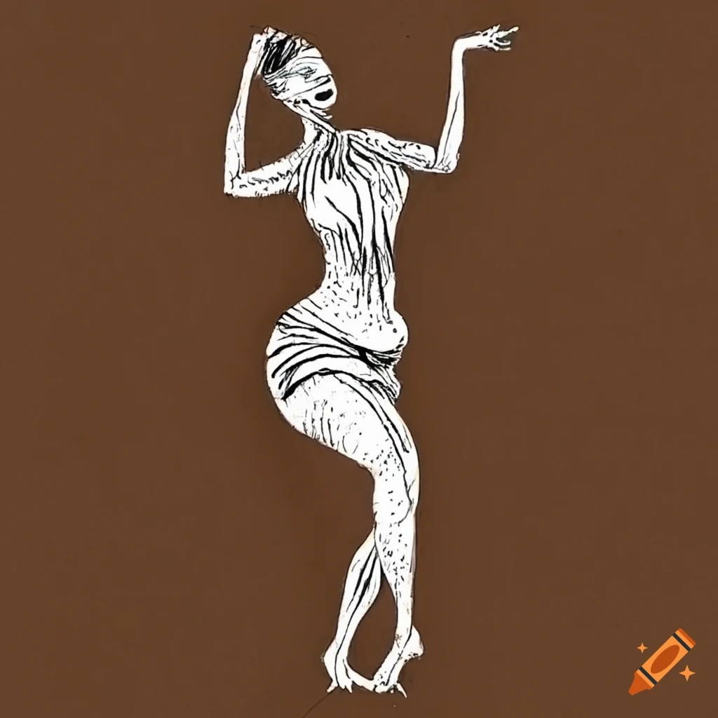 Drawing of a woman from an African tribe dancing on tan paper