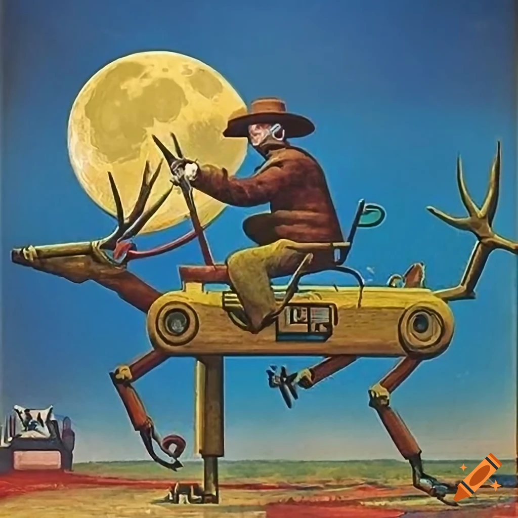 Vintage Soviet Tarot Card poster with a western spy on an electric iron deer robot
