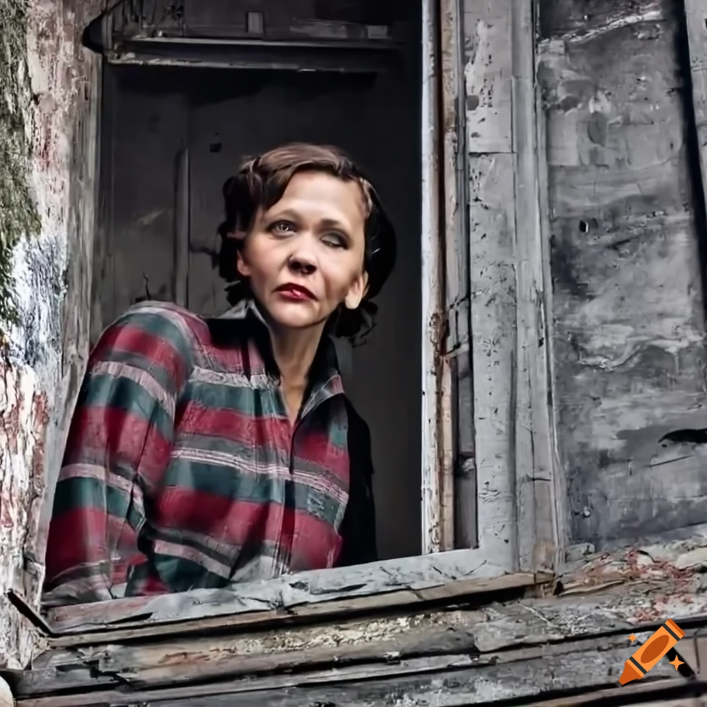 Actress maggie gyllenhaal lookalike in country plaid shirt and black