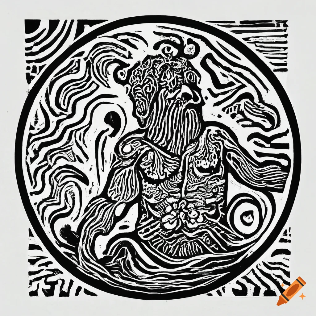 Minoan Neptune in the sea depicted with sharp minimalist lines