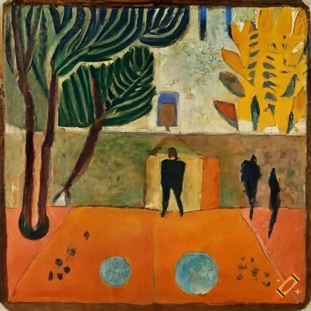 Painting of a small courtyard with figures and a football field in fall, inspired by various artists
