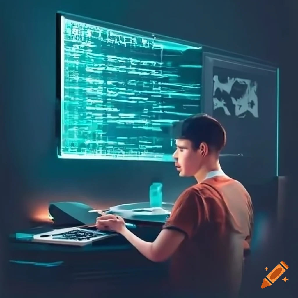 Guy working on computer with coding snippet on screen
