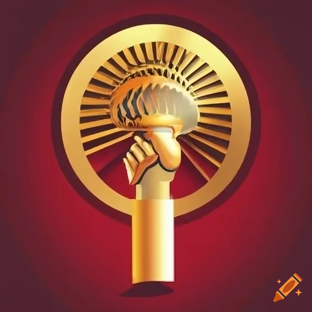 Golden emblem of a person holding a freedom torch on a red background