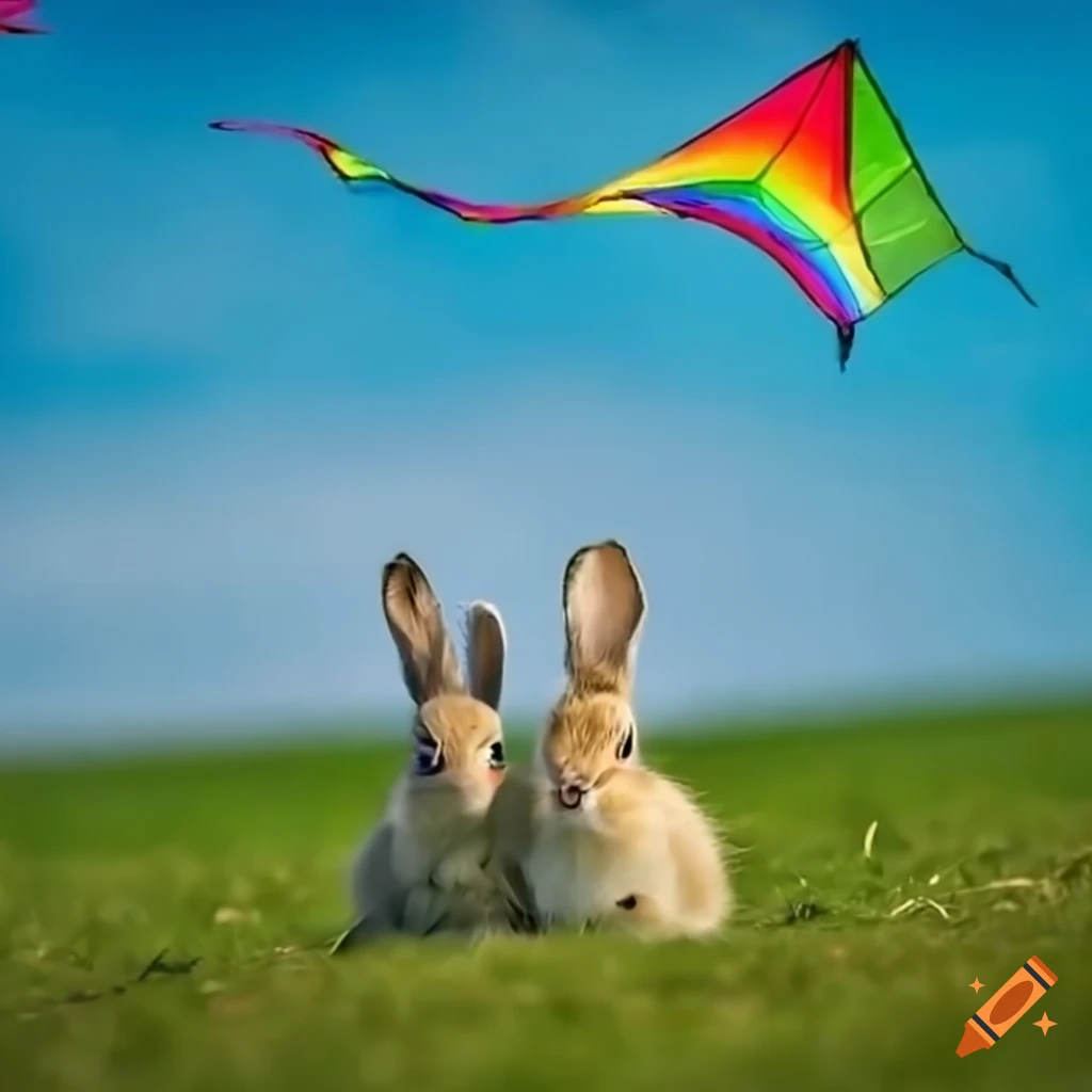 Fluffy rabbits in a meadow with a colorful kite flying high