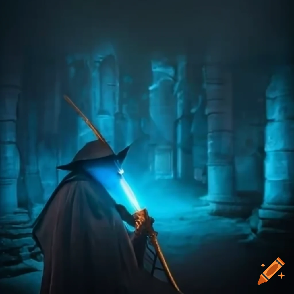 Plague doctor with wizard's staff illuminating temple ruins at night