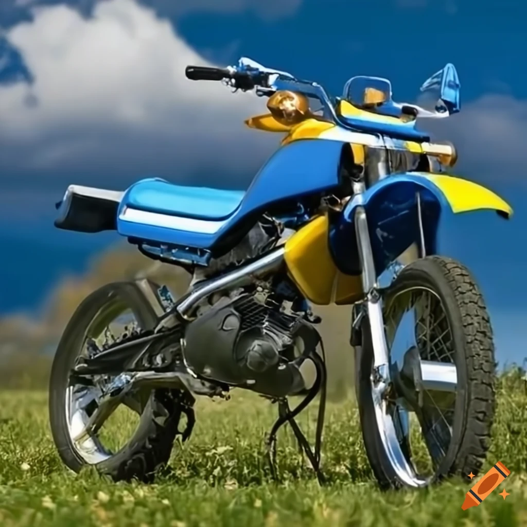 Blue and yellow Yamaha DT-50 parked outside a country home