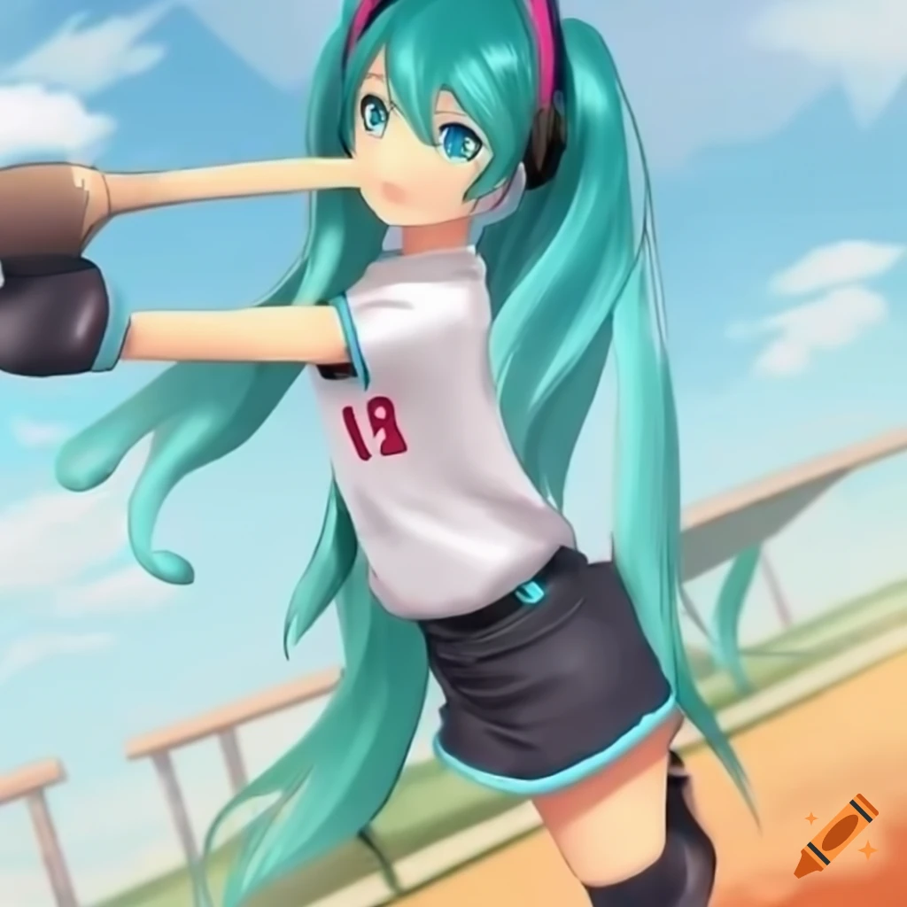 Cute Miku character in a softball uniform ready to swing a bat