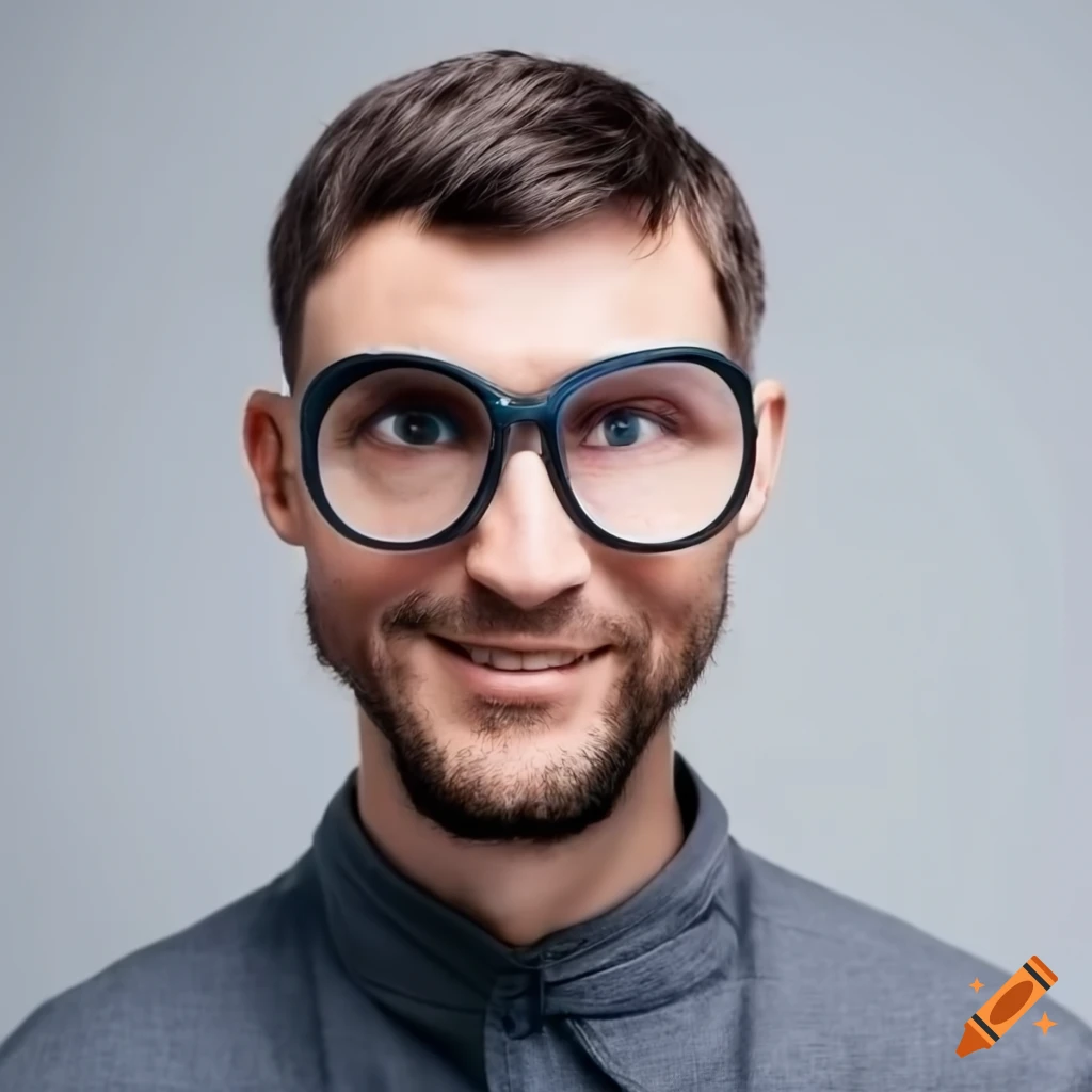 Man smiling with magnifying glasses on a light gray background