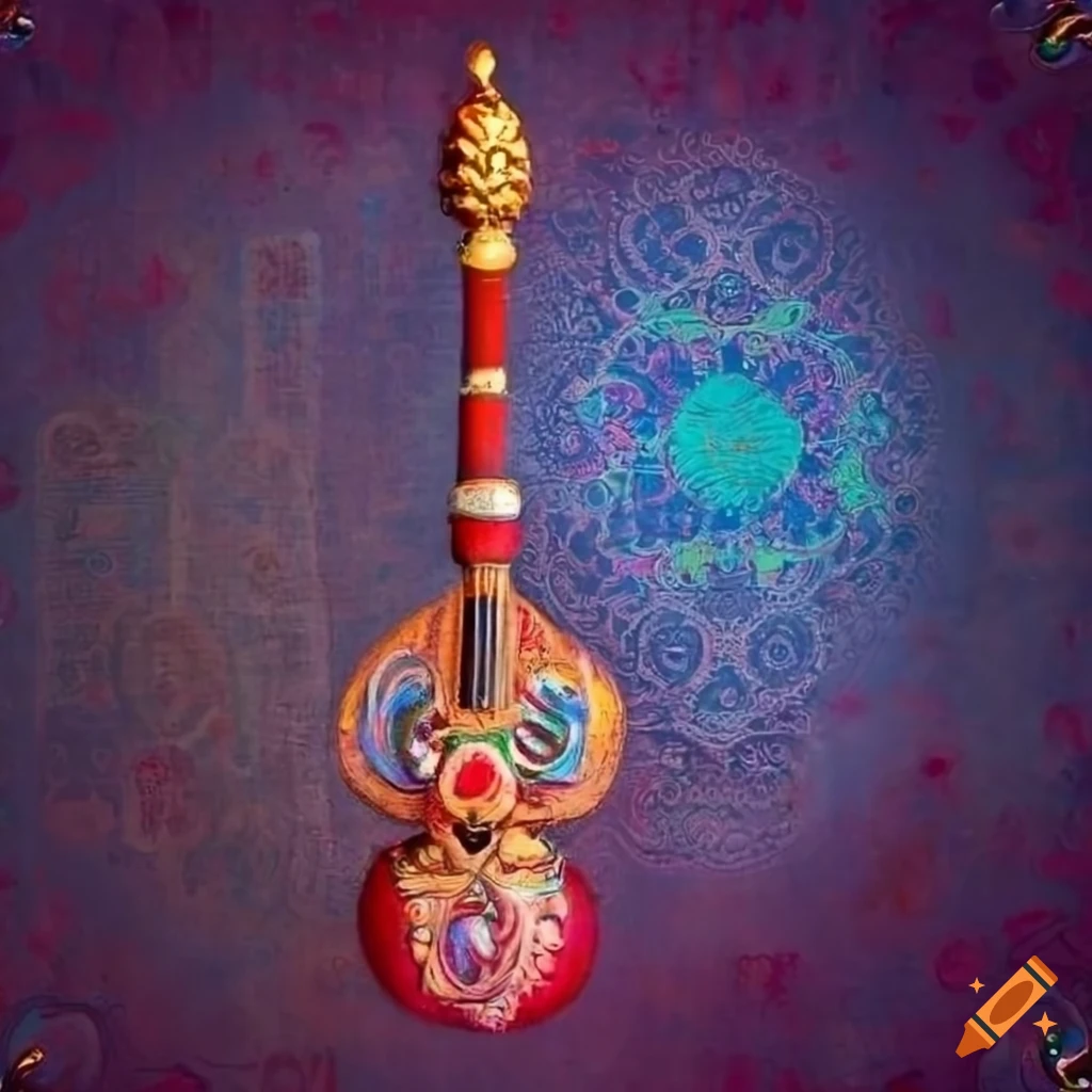 Stoner rock vajra phin fungal stringed instrument in a tantric fauvist holographic style on ancient paper
