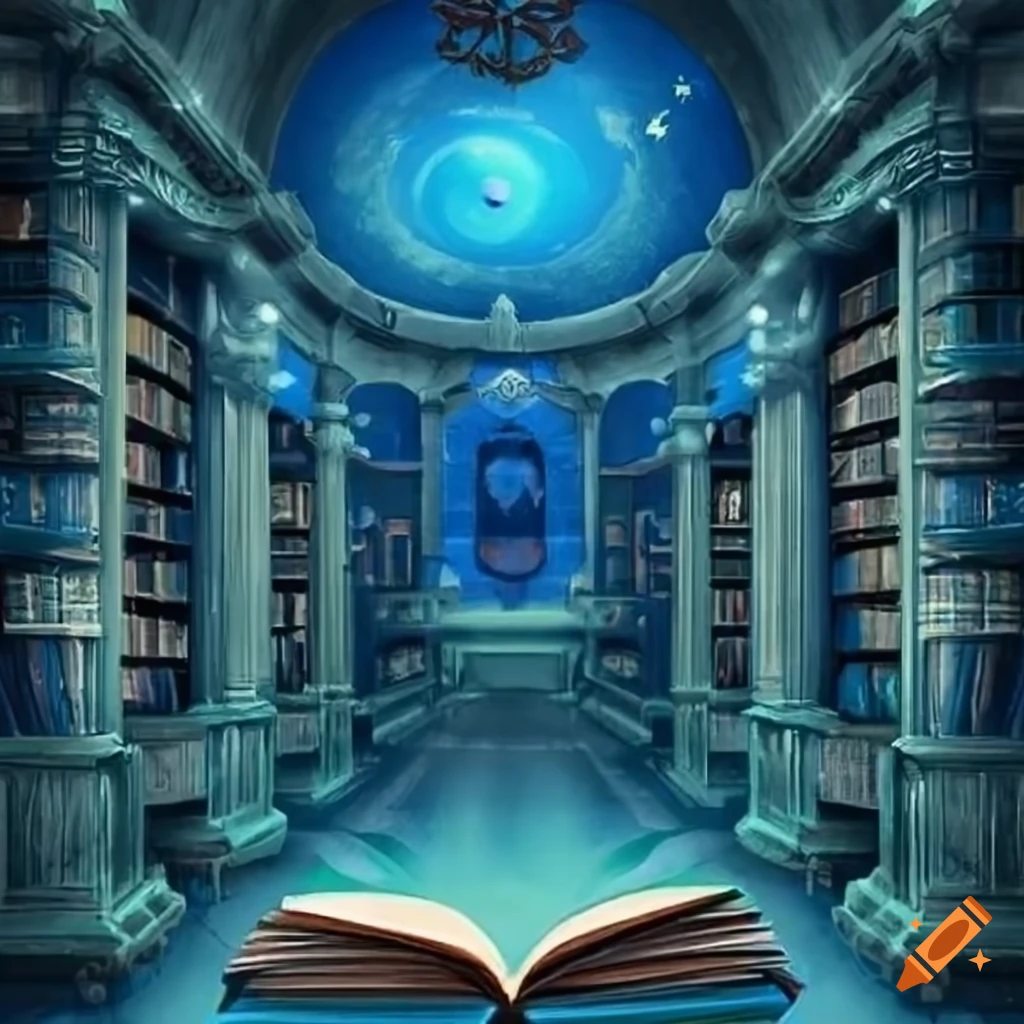 Magical blue library filled with books in a fantasy art style