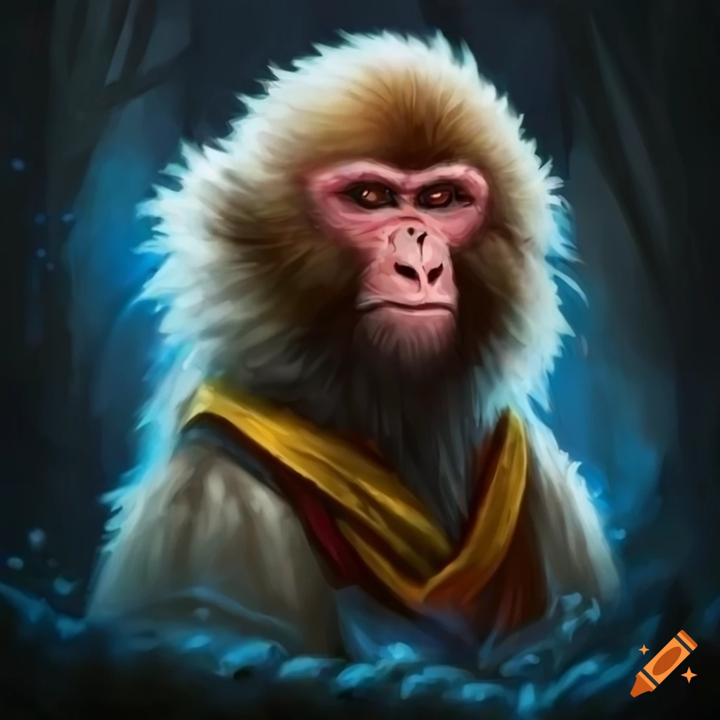 Snow monkey depicted as a monk warrior in MTG art style