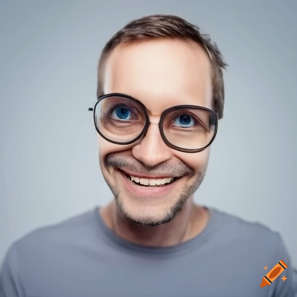 Man smiling with magnifying glasses on a light gray background