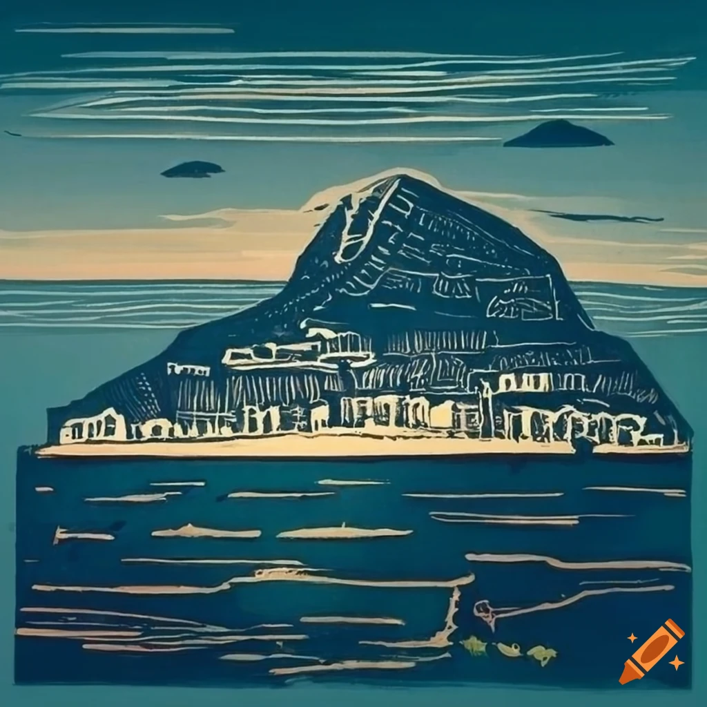 Minoan linocut of a Cycladic island with acropolis ruins and vineyards