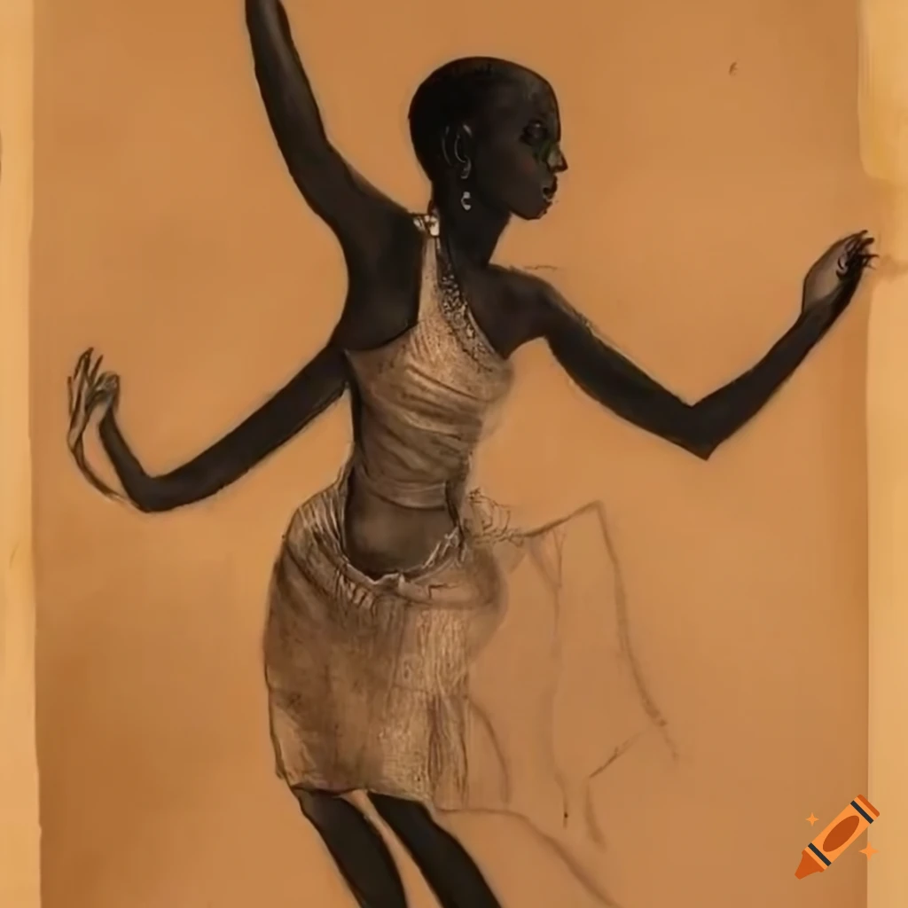 Charcoal art of African tribal woman dancing in traditional style