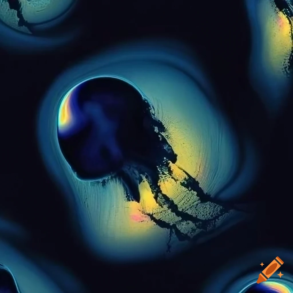 Abstract painting with strong contrast of dark and light featuring a hint of jellyfish-like shape