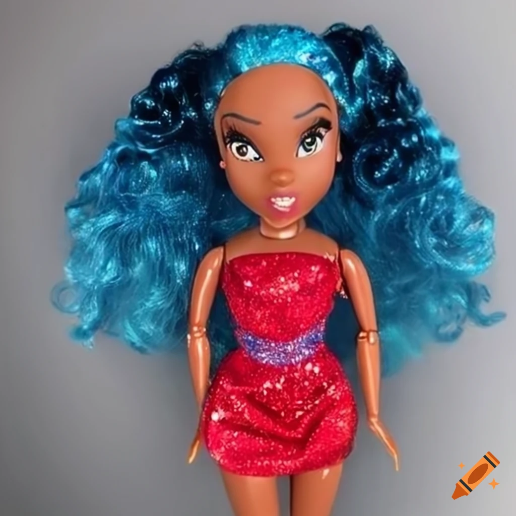 African Disney baddie doll with blue ocean wave hair and red glitter dress