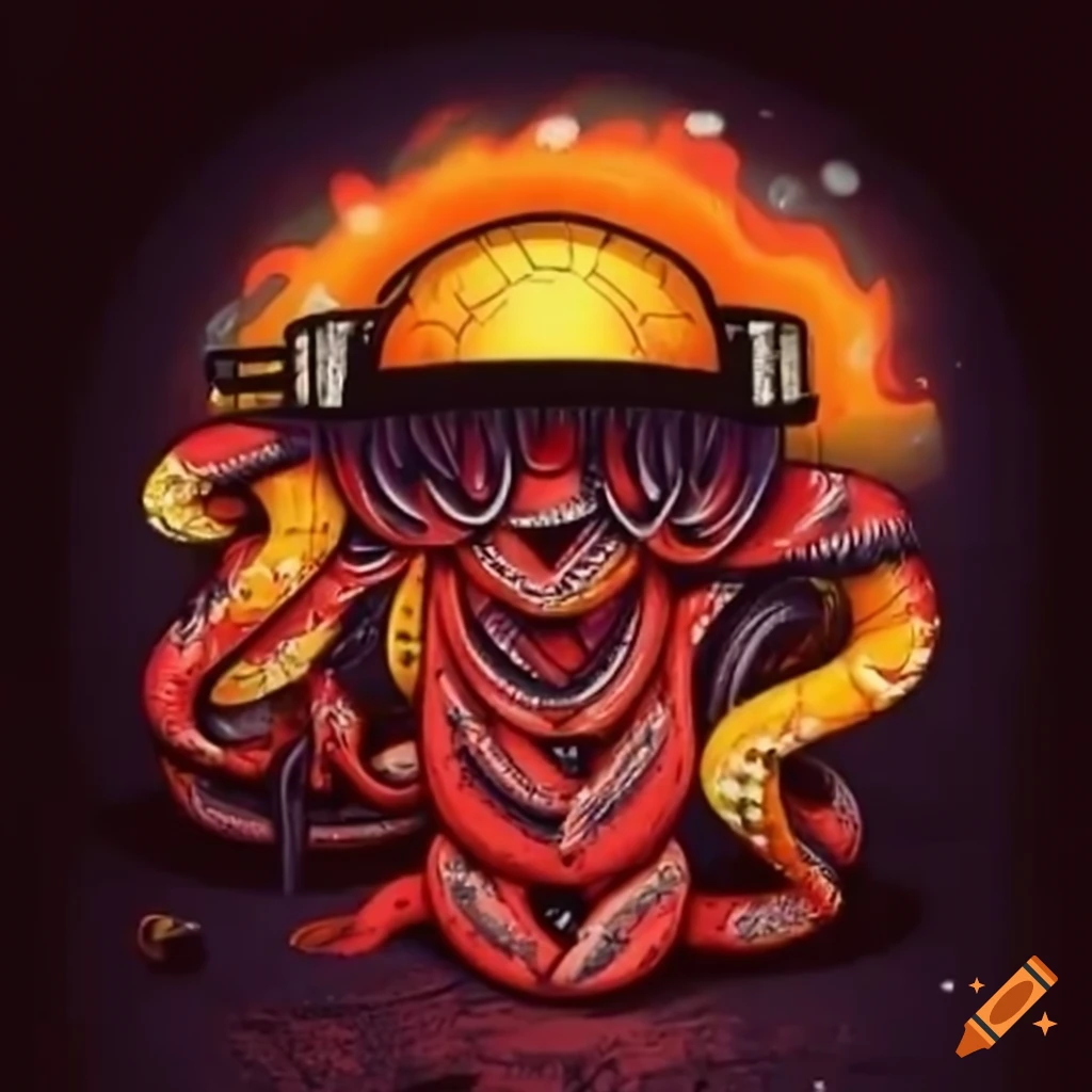 Artist Bigouden performing a DJ set surrounded by flame-covered snakes in graffiti style