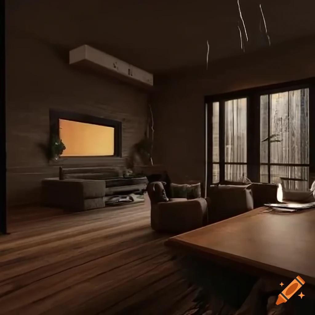 Modern cozy living room with big windows during rain