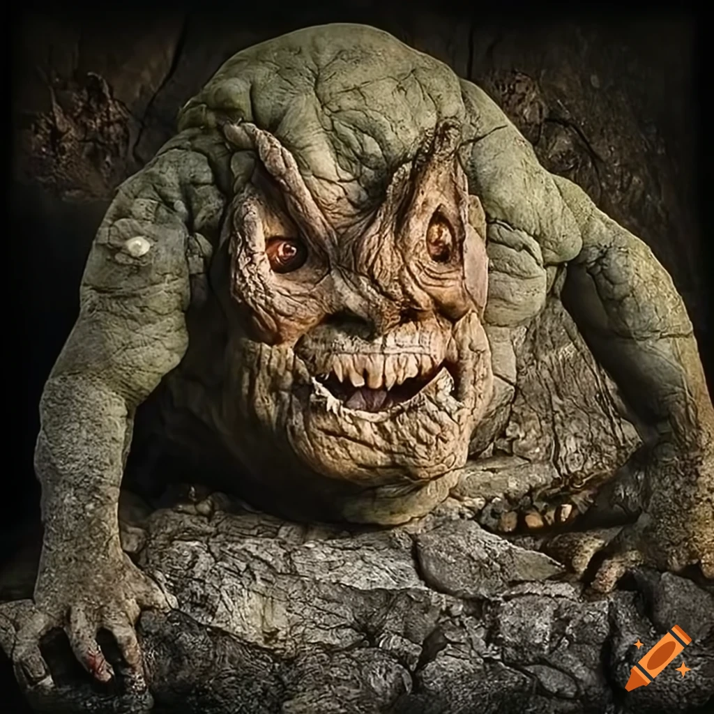 Realistic rock goblin adorned with rocks and gems inspired by fantasy folklore and Tolkien