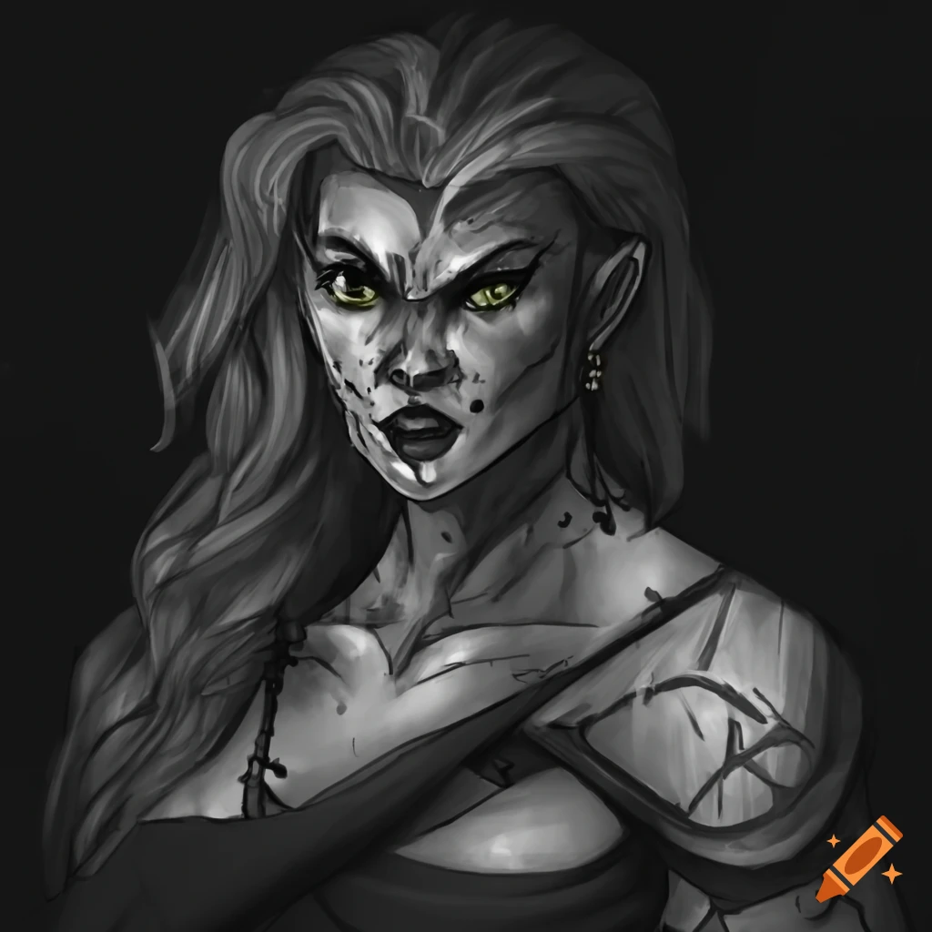 Fantasy style drawing of a muscular barbarian female goliath coding on a laptop