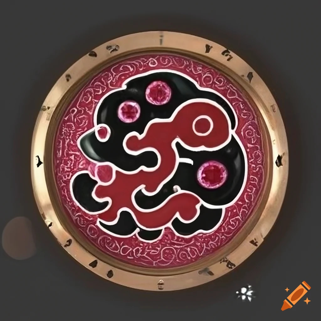 Round emblem with akatsuki cloud made of ruby gemstone in bronze and onyx, high-quality digital art