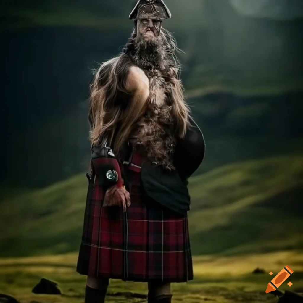 Scottish warrior in traditional attire in the scenic highlands