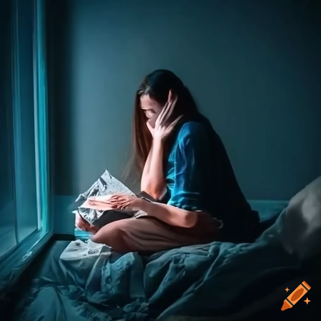 Evelin in her apartment holding a vial and reading the newspaper