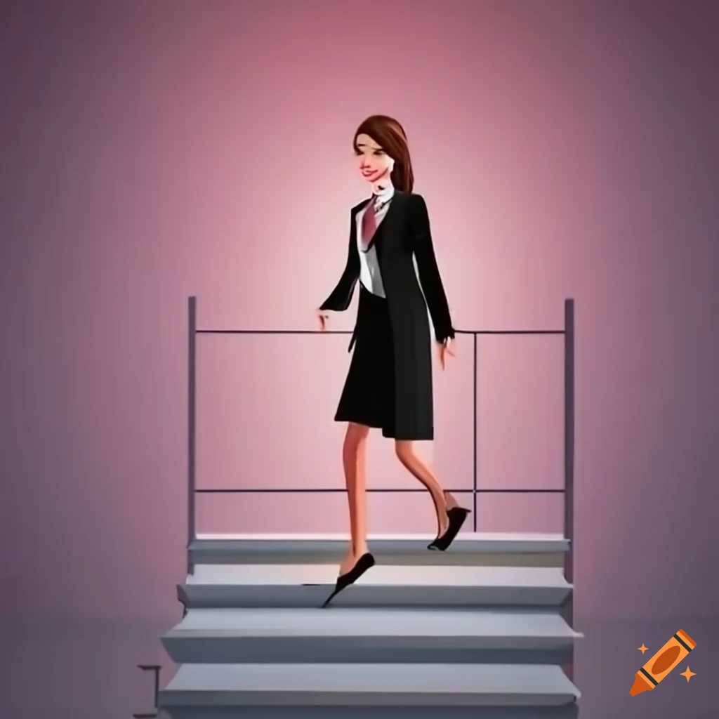 Woman in business suit walking up stairs