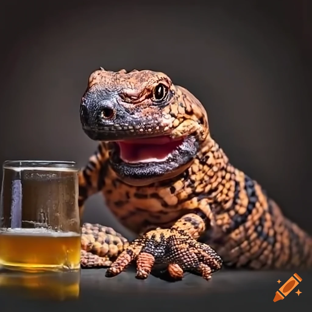 Gila monster at an old western bar enjoying a beer