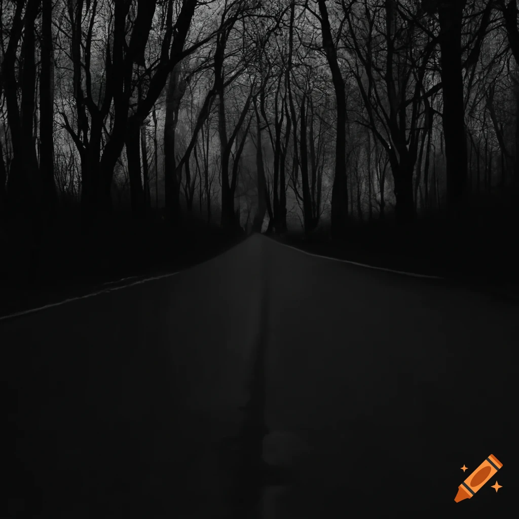 Mystical dark night road with tall trees and mysterious shadows under the moonlight